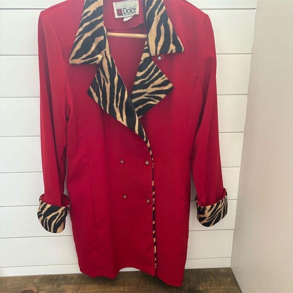Vintage DOLCE Red Overcoat M Double Breasted Leopard‎ fur Trim Women's